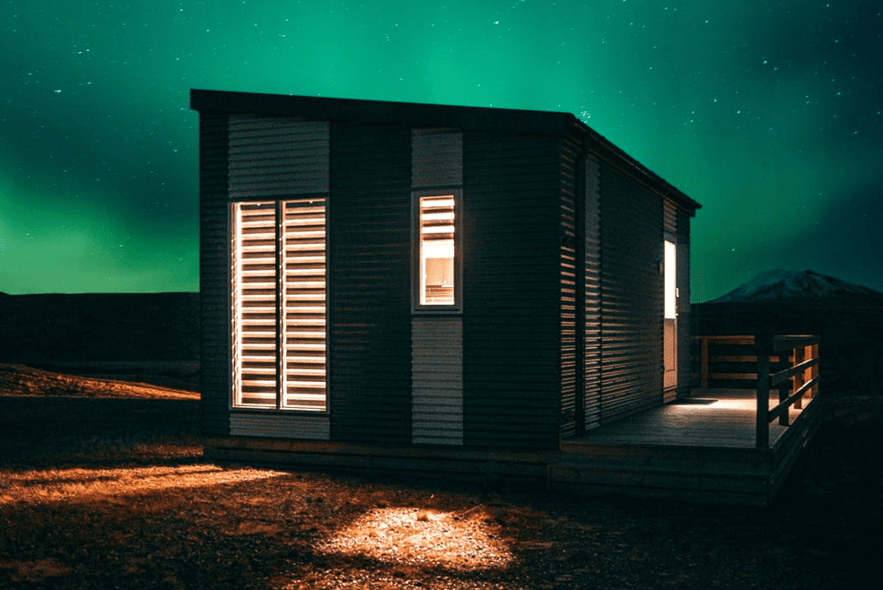 man cave shed as night descends