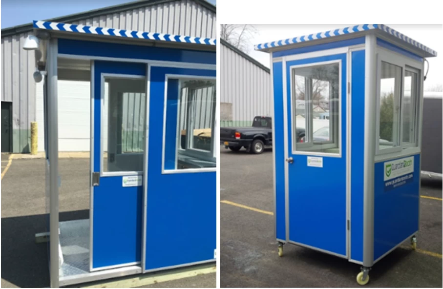A blue booth with a sliding door next to a blue booth with a swinging door.