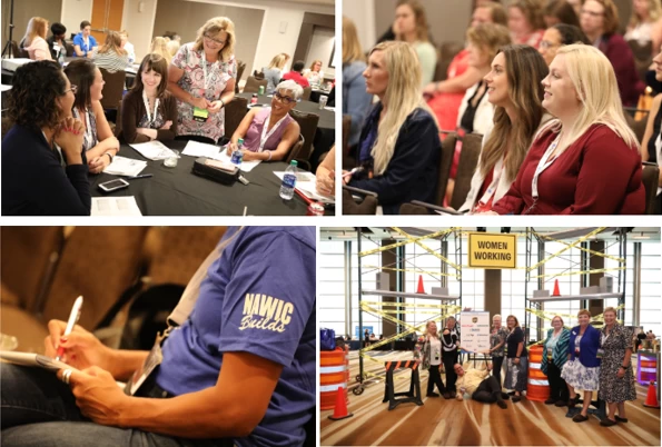 Four pictures of people at a construction conference