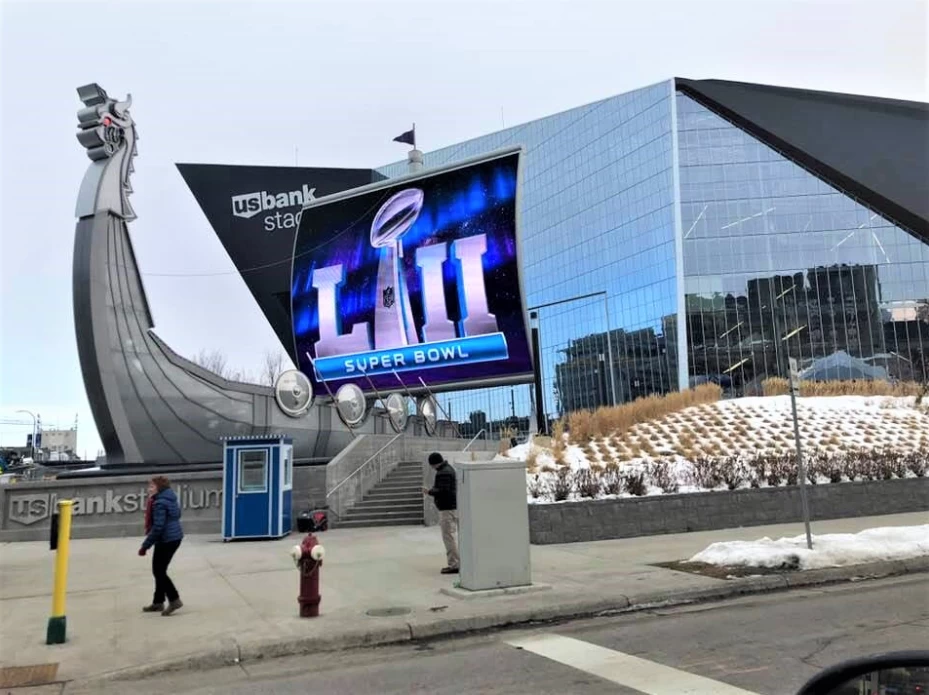 Guardian booth ticket booth outside US Bank Stadium with a Super Bowl sign