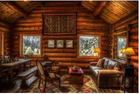 Inside a furnished wood log cabin