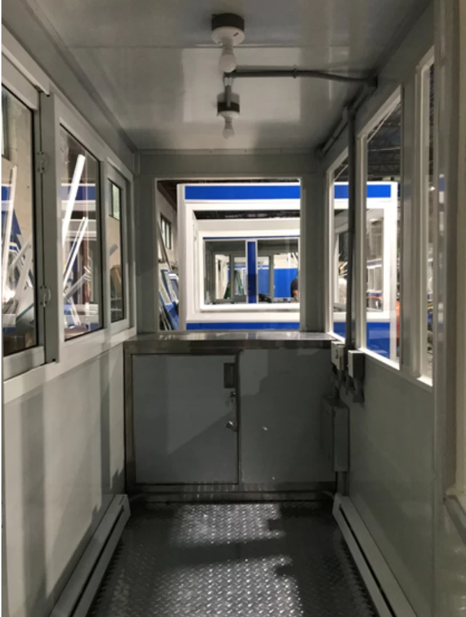 Interior of a ticket booth showing locked cabinet