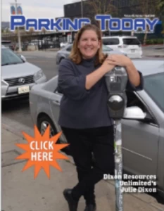 Parking Today magazine cover with woman by parking meter