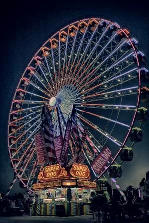 A ferris wheel lit up at night