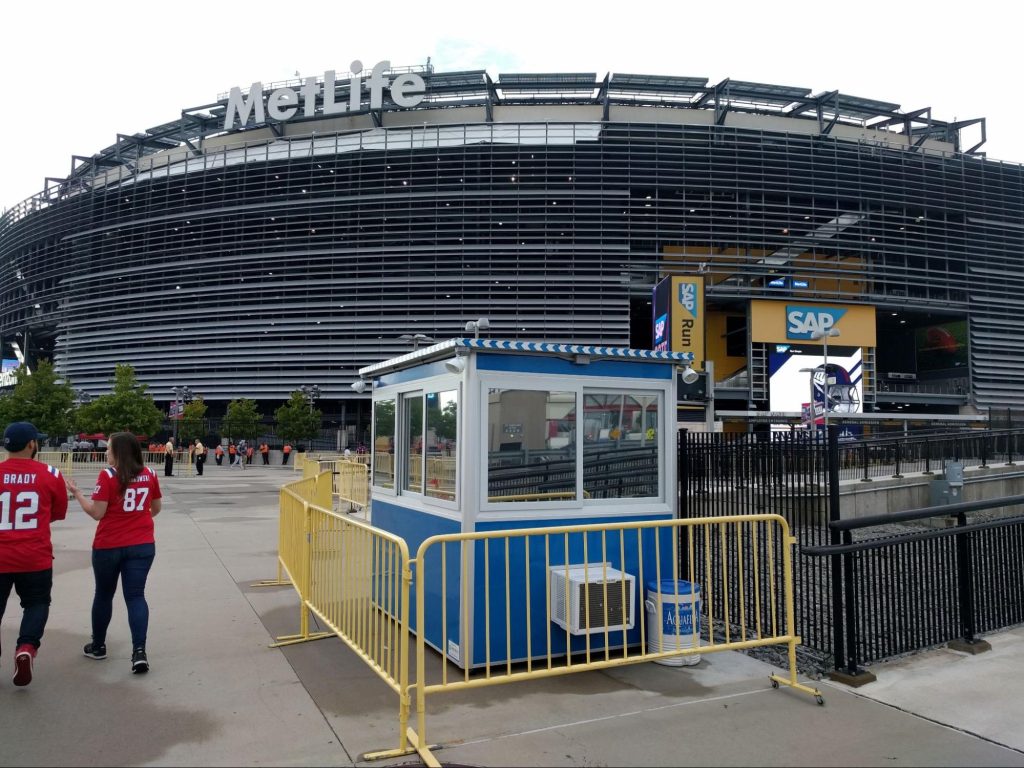 Several prefab security booths at MetLife Stadium