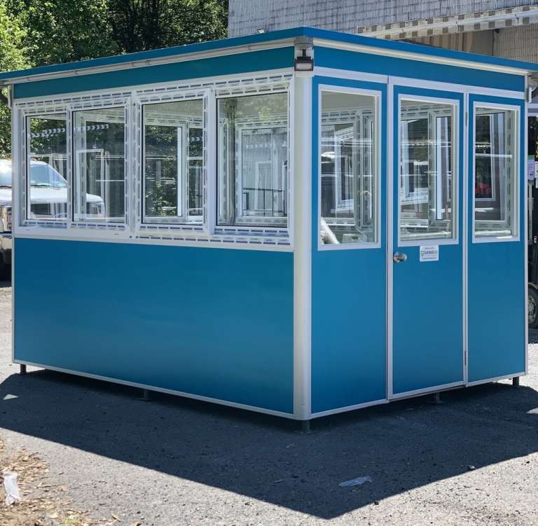 blue booth built to serve as tourist information kiosk